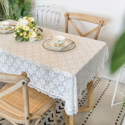 Yaland Jacquard Tischdecke Landhausstil mit Blumenmuster Spitzenoptik sanfte Garten Tischwäsche mit Spitzenkante Tischtuch für Draußen Esszimmer, Küche LxB 140x100cm von Yaland