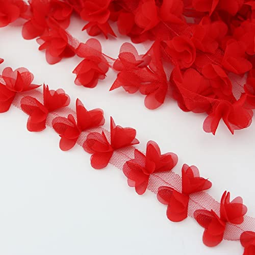 Yalulu 8 Yards 3D Chiffon Blumen Spitzenborte, Cluster Blume Spitzenband Brautsträuße DIY Kleid Deko Bastel Spitzenstoff Nähen (Rot) von Yalulu