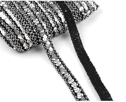 Yalulu 10 Yards Glänzendes Elastische Paillettenband Glitzer Stretch Pailletten Bänder Borten Bortenband DIY Handwerk Bastelprojekte (Silber - Schwarz) von Yalulu