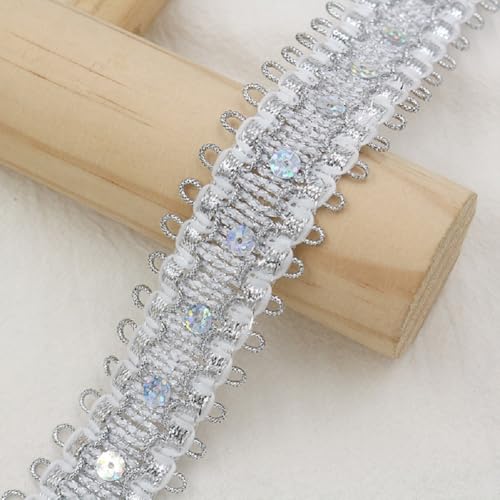 Yalulu 10 Yards Metallic Braid Spitzenborte, Pailletten Polyesterband Gimp Fransenborte Quaste Für DIY Schmuck Hochzeit Braut Kostüm Nähen (Silber) von Yalulu