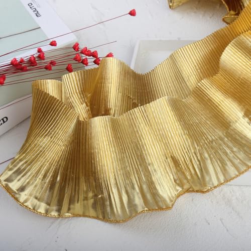 Yalulu 10 Yards Rüschen-Spitzenborte Organza, Metallisch Polyester Plissee Bordüre Spitzenstoff, Tüll Rüschen Spitzenband Zum Basteln, Nähen, Kleid, Taschen (Gold) von Yalulu