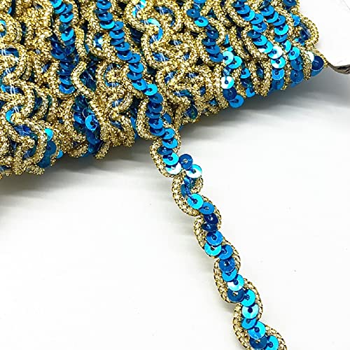 Yalulu 13 Yards Wellen Glänzendes Pailletten Stoff Ribbon Applique Trim Spitzenband Paillettenband Glitzer Borte aus Dekoband Zierband DIY Nähen Bastelprojekte (Blau-Gold) von Yalulu