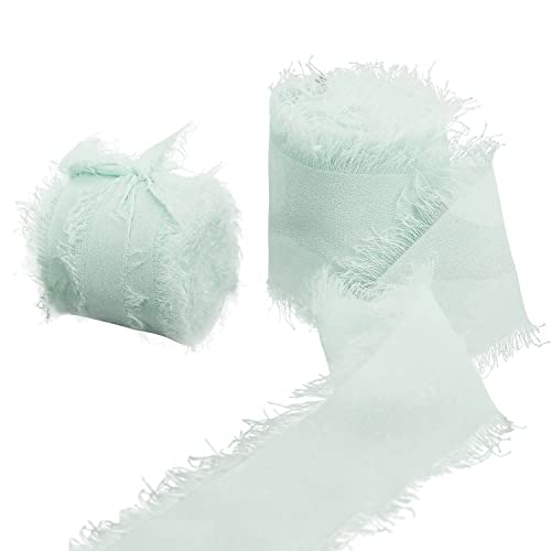 Yalulu 2 Rollen Handgemachtes Ausgefranstes Chiffonband, Dekoratives Band Chiffon-Seidenbänder für Hochzeitseinladungssträuße Geschenkverpackung Handwerk Dekoration (Hellgrün) von Yalulu