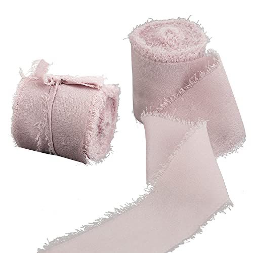 Yalulu 2 Rollen Handgemachtes Ausgefranstes Chiffonband, Dekoratives Band Chiffon-Seidenbänder für Hochzeitseinladungssträuße Geschenkverpackung Handwerk Dekoration (Hellrosa) von Yalulu