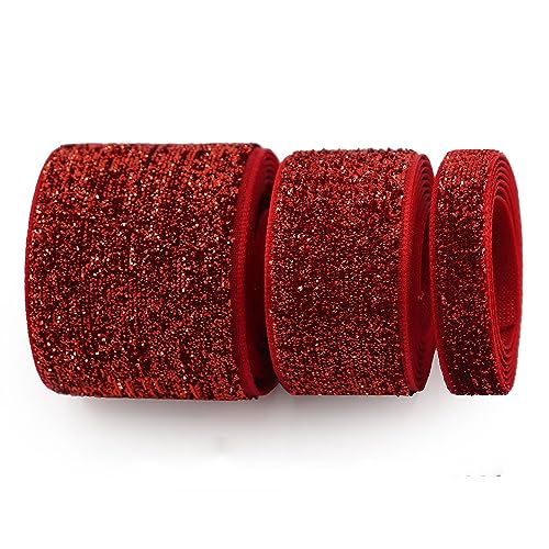 Yalulu 30 Yards Glitzer Schmuckband Geschenkband, 10mm/25mm/38mm Paillettenborte Weihnachts Glitzerbänder Bortenband Kordelband Paillettenband Nähen DIY Bastelprojekte (Rot) von Yalulu