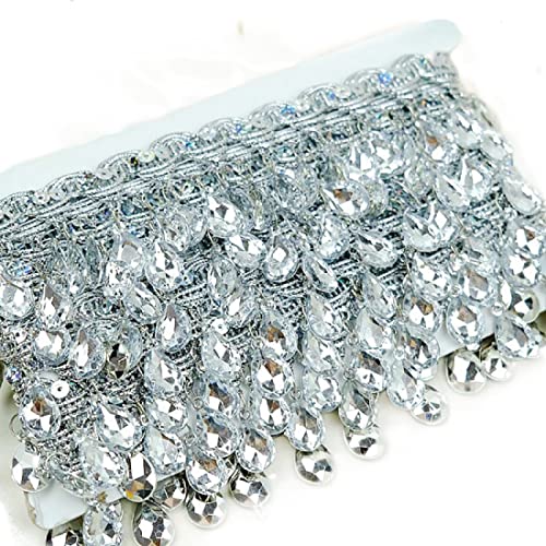 Yalulu 4,5 Yard hängende Perlen Fransen Spitze Strass Geflochtene Bänder Nähen Fransen Quaste Besatz Bekleidung Zierteile DIY Handwerk Nähen Zubehör (Silber) von Yalulu