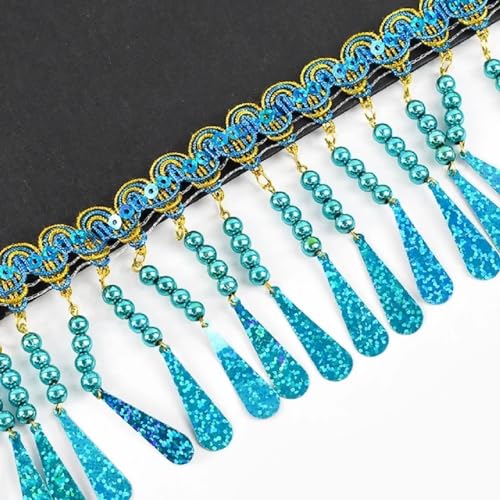 Yalulu 4 Meters Pailletten-Fransenbesatz, Kunststoff Pailletten Quaste Spitze Band, Sparkle Fringe Quaste Trim Paillettenband für Kleidung Kleid Dekorationen (Blau) von Yalulu