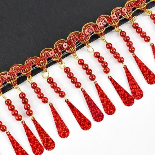 Yalulu 4 Meters Pailletten-Fransenbesatz, Kunststoff Pailletten Quaste Spitze Band, Sparkle Fringe Quaste Trim Paillettenband für Kleidung Kleid Dekorationen (Rot) von Yalulu