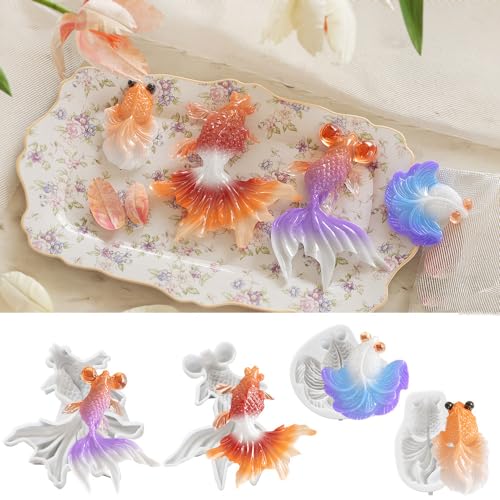 Yalulu 4 Stück 3D Fisch Silikonformen, Koi Fisch Harz Casting Formen DIY Klar Silikonform Epoxidharz Gießform Resin Formen Epoxidform Kunsthandwerk Dekor von Yalulu