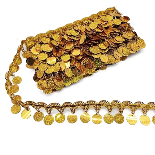 Yalulu 4.5 Yards Pailletten Bänder mit Quaste, Paillettenband Trim Bauchtanz Quaste Gürtel, Pailletten-Quasten-Besatz mit Fransen, DIY-Kleidungsband (Gold4) von Yalulu