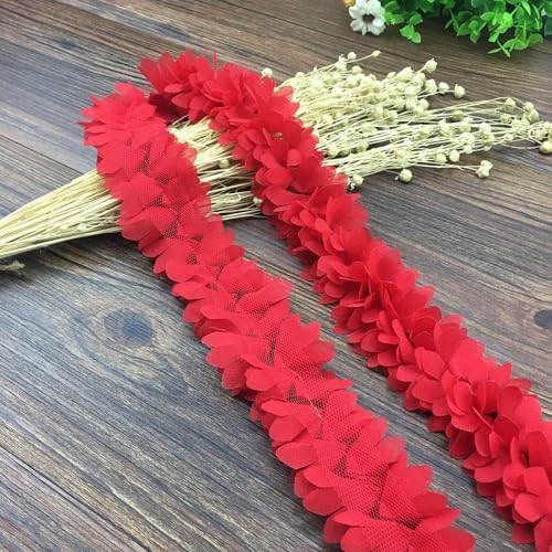 Yalulu 5 Yards 3D Chiffon Blumen Spitzenborte, Cluster Blumen Kantenbesatz Florales Dekoratives Band für DIY-Nähen Hochzeitskleid Kostümdekoration (Rot) von Yalulu