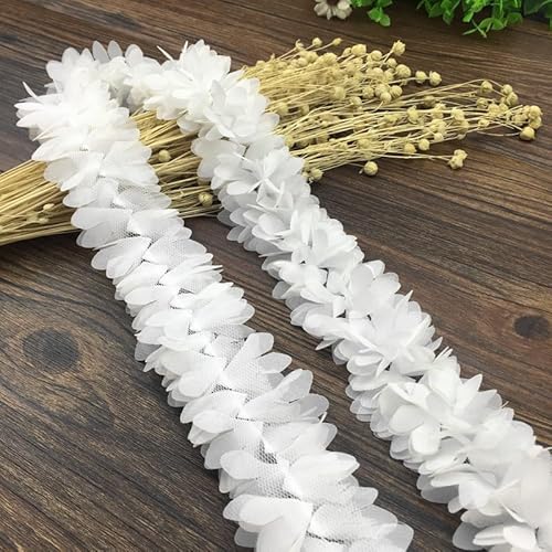 Yalulu 5 Yards 3D Chiffon Blumen Spitzenborte, Cluster Blumen Kantenbesatz Florales Dekoratives Band für DIY-Nähen Hochzeitskleid Kostümdekoration (Weiß) von Yalulu