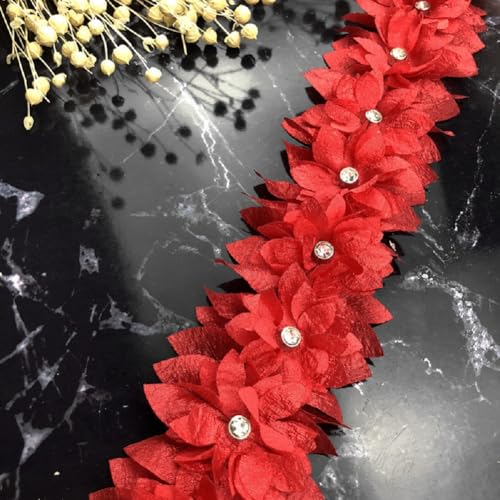 Yalulu 5 Yards 3D Polyester Spitzenband Mit Blumen, Strassstein Kanten Besatz Bestickter Applikationsstoff Kantenbesatz Tüllstoff Für DIY-Näharbeiten (Rot) von Yalulu