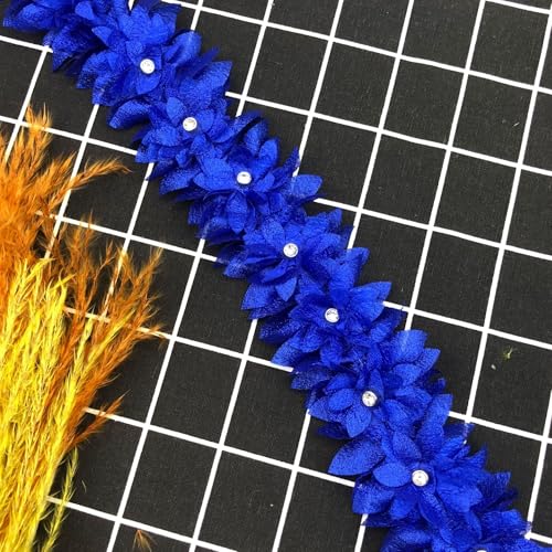 Yalulu 5 Yards 3D Polyester Spitzenband Mit Blumen, Strassstein Kanten Besatz Bestickter Applikationsstoff Kantenbesatz Tüllstoff Für DIY-Näharbeiten (Tiefblau) von Yalulu