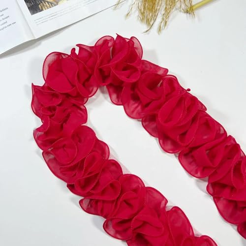 Yalulu 5 Yards Cluster Blumen 3D Chiffon Spitzenbesatz, Florales Dekoratives Band Stoffapplikation für DIY-Nähen Hochzeitskleid Kostümdekoration (Rot) von Yalulu