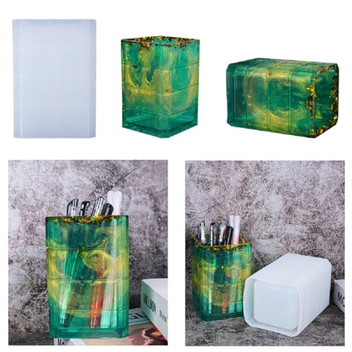 Yalulu DIY Quadrat Stifthalter Epoxidharz Formen, Blumentopf Resin Silikonform mit Holz-Halter, Stiftebox Vase Gießform, Make-up-Pinselhalter DIY Silikon-Harz-Gießformen von Yalulu