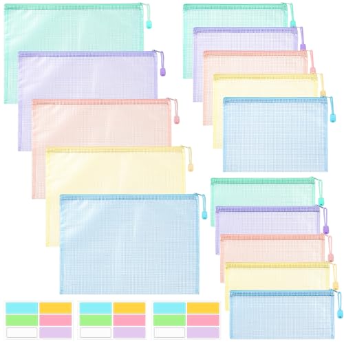 15 Stück Dokumententasche A4+A5+A6, Wasserdichte Mesh Dokumentenmappe mit Reißverschluss & Aufklebern für Dokumente, Papier, Kosmetika, Quittung Papier Prüfungsblatt, 5 Farben von Yamitora