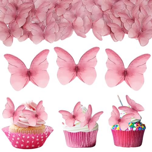 Yamitora 48 Stück Essbare Schmetterlinge für Torte, Schmetterlinge Tortendeko Cupcake Dekoration, Rosa Schmetterlinge Cupcake Topper für Hochzeit, Geburtstag, Party（Pink） von Yamitora