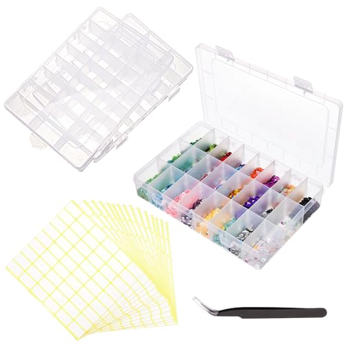 Yamitora 3 Stück 24 Fächer Sortierbox für kleinteile, Transparent Plastik Sortimentskasten Einstellbar Aufbewahrungsbox für Ohrringen Perlen Schrauben Büromaterial(mit 15Etikettenaufkleber&1Pinzette) von Yamitora