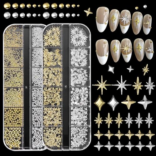 Yamobi 2 Boxes Gold Silber Stern Nagel Charms, 3D Legierung Stern Mond Nagel Strasssteine, Fünfzackiger Stern Glitzer Nagel Art Design, Nagel Edelsteine von Yamobi