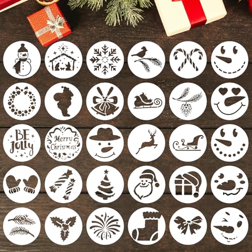 Yamobi 30 Stück Weihnachts-Schablonen, Wiederverwendbare Malschablonen für Weihnachten, Schablonen für Wandgestaltung, Schneespray,DIY Basteln und Textilgestaltung(3 Inch) von Yamobi