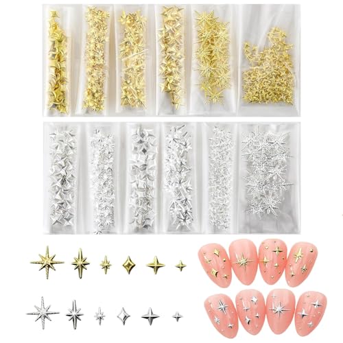 Yamobi 400 Stück 3D Nail Charms Gold Silber, Stern Mond Nagel Charms Glitzersteine für Nägel, Metallic Stern Strasssteine, DIY Nageldekoration, Maniküre Zubehör von Yamobi