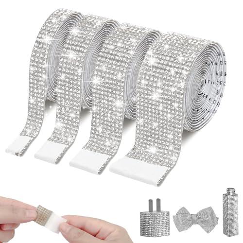 YanBous 4 Rollen Selbstklebendes Kristall Strassband, 1 Yard Glitzersteine in Silber, DIY Dekoband mit Strass für Auto, Hochzeitsdeko.9/13/18/22mm，4 Rollen in 4 Größen.(Silber) von YanBous