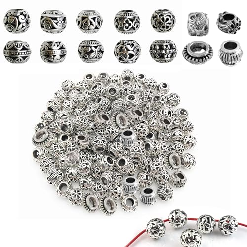 YanBous 70 Stück Antike Silberne Metallperlen, 7-11mm, Tibetische Spacer Perlen, Runde Filigrane Perlen, Perlen mit Großem Loch, DIY Bastelperlen Set für Schmuckherstellung, Armbänder, Halsketten von YanBous