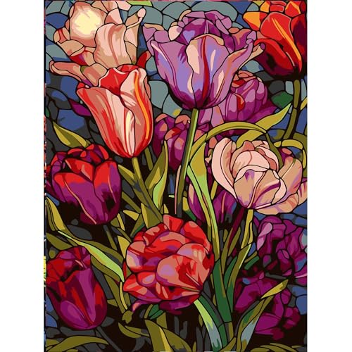 Blume Malen nach Zahlen für Erwachsene-Tulpe Malen nach Zahlen auf Leinwand ohne Rahmen, DIY florale Ölgemälde für Geschenk nach Hause Wanddekoration (30X40 cm) von YanJin