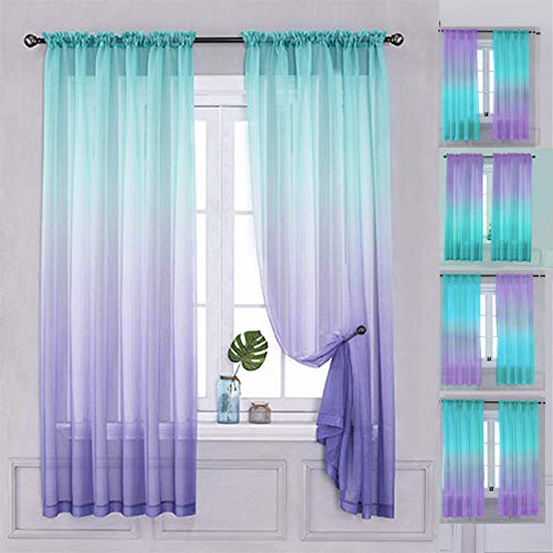 Yancorp 2 PaneelSets Halbschlafzimmervorhänge 160 cm Länge Sheer Rod Pocket Vorhang Leinen Blaugrün Türkis Lila Ombre Mädchen Wohnzimmer Meerjungfrau Schlafzimmer Kinderzimmer Kinderzimmer von Yancorp