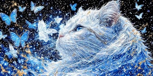 Katze Diamond Painting Erwachsene Kinder, 5D Diamant Painting Bilder Schmetterling Diamond Painting Groß 40x80cm, DIY Crystal Strass Stickerei Cross Stickerei Malerei Kits, Wand Décor, Geschenk XW-256 von Yanefaei