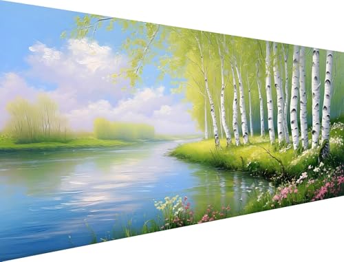 Malen Nach Zahlen Erwachsene Birke Malen Nach Zahlen Blume Malen Nach Zahlen Leinwand,DIY Handgemalt öLgemäLde Kit,für AnfäNger und Erwachsene Mit 3-Pinseln und Acrylfarbe (Ohne Rahmen) 50x100cm XH-58 von Yanefaei