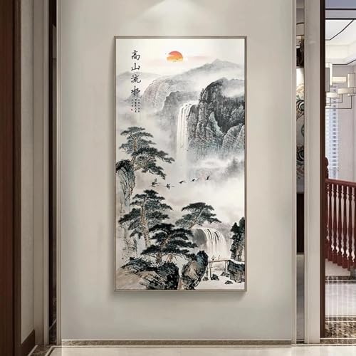 Yangld Retro chinesischer Stil Berge Landschaft Gastgruß Kiefer abstrakte Poster Leinwand Malerei Wanddrucke Home Decor 23,6 "x 47,2" (60 x 120 cm) rahmenlos von Yangld