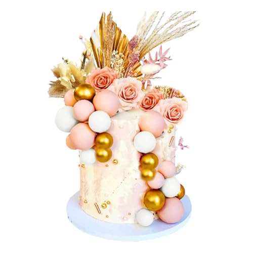 Yanmucy Rose Gold Tortendeko Boho Dekor Boho Torten Deko Cake Topper Happy Birthday Decorations Kugeln Künstliche Blumen Blattgold Kuchendekoration für Hochzeit Valentins Party (Rosa) von Yanmucy