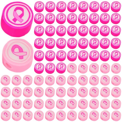 Breast Cancer Awareness Perlen | 100pcs Brustkrebsbewusstsein Accessoires Polymer -Ton -Brustkrebsperlen mit Bändern Print Brustkrebsbewusstsein Perlen für DIY -Projekte 2 Farben von Yaoliucp