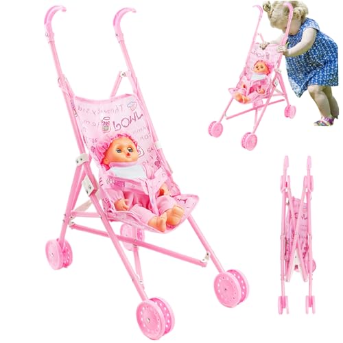 Mein erster Babypuppenwagenstärke | Babypuppenwagen Set, Faltbare tragbare Puppenwagen mit Puppe, niedliche Möglichkeitenbabypuppe mit großen Augen und tragbare Kleidung, Puppenwagen für Kleinkinder von Yaoliucp