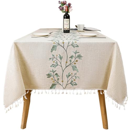 Tischtuch Rechtecktisch, 55 x 79 Zoll wasserdichtes Rechteck-Tischdecke mit Quasten, Anti-Falten-Tuch mit gestickten Blättern für Küche, Abendessen und Picknick-Tischdecke von Yaoliucp