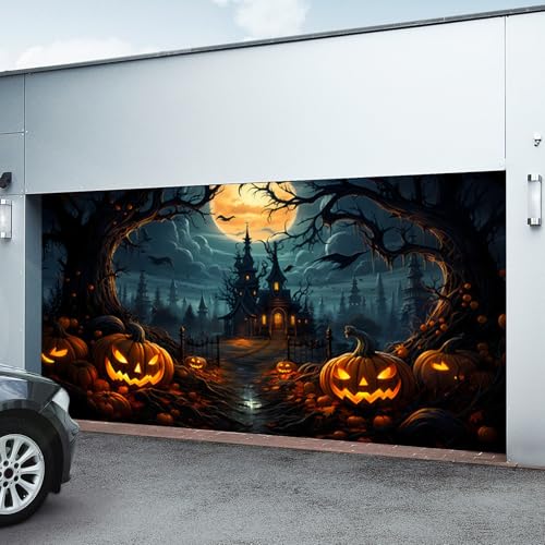 Yaoliucp Halloween Garage Door Cover, Halloween Garagentor Banner 16x7 Fuß Halloween Kulisse mit Haken und Seil, Horrorschloss Halloween Garagentor -Abdeckung für Halloween -Foto Hintergrund von Yaoliucp