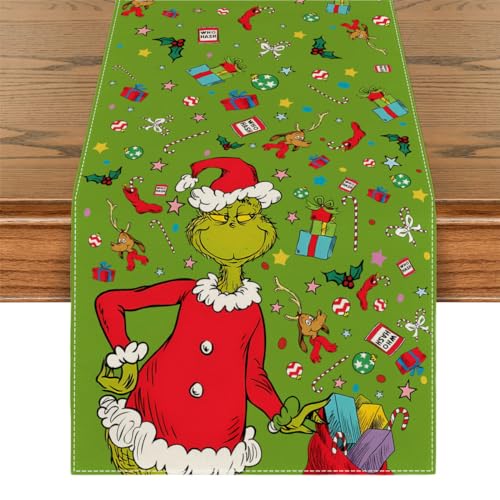 Yarcooly Grinch Tischläufer Weihnachten Tischläufer Grinchmas Tischdecke Neujahr Winter Xmas Decor Weihnachtsdekoration für Zuhause Party Tisch von Yarcooly