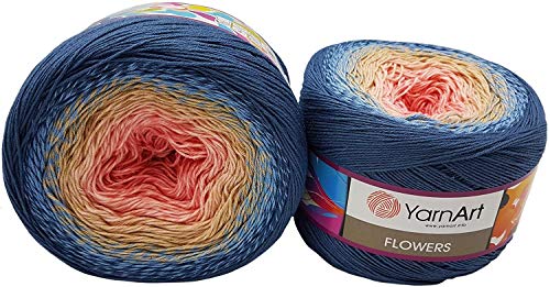 YarnArt Flowers 500 Gramm Bobbel Wolle Farbverlauf, 55% Baumwolle, Bobble Strickwolle Mehrfarbig (blau hellblau apricot rosa 262) von Yarn Art Flowers