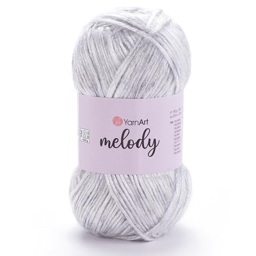 1 Knäuel YarnArt Melodie, Chainette Garn, glänzendes metallisches Glanzgarn zum Stricken, Häkeln, Sticken, 100 g, 230 m, 70% Polyamid, 21% Acryl, 9% Wollmischung, Hellgrau - 881 von Yarn Art