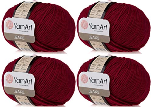 4 Knäuel YarnArt Jeans 55% Baumwolle 45% Acryl Garn Mischung Garn Häkeln Handstricken Kunst Lot von 4skn 200 gr 696 yds (66-Bordeaux) von Yarn Art