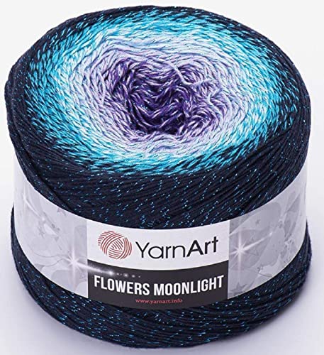 YarnArt Blumen Moonlight Glitter Baumwollgarn, Gewicht 260 g, Länge 900 m, Regenbogenhäkeln, metallischer Lurex, handgestrickt, glänzend, silberner Kuchen, mehrfarbige Baumwolle, Regenbogenhäkeln von Yarn Art