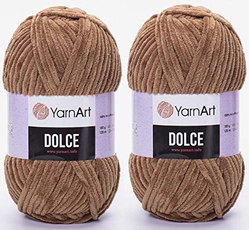 YarnArt Dolce Samt-Garn, 100 % Mikropolyester, 2 Stück, 260 m, 2 x 100 g, super sperrig, 6 Baby-Chenille-Garn, 765 Karamell von Yarn Art