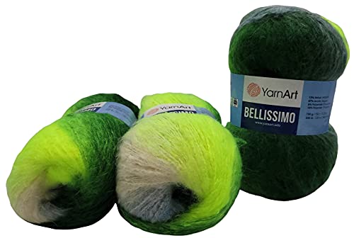 Yarnart Bellissimo 3 x 150 Gramm Strickwolle mit Mohair, 450g Wolle mit Farbverlauf (grün kiwi weiss 1418) von Yarn Art