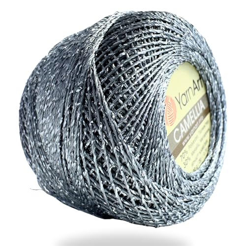 Yarnart Camellia Metallic Shimmer feines Garn, 70 % Polyester, 30 % Metallic, 192 m, 20 g, Häkelgarn, Spitze, Stickerei, Schmuckherstellung und dekoratives Bastelgarn, 1,25 mm Haken (grau) von Yarn Art