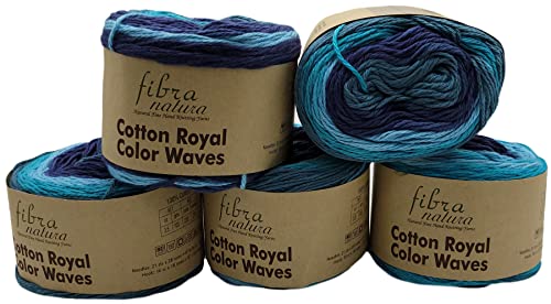 5 x 100g Strickwolle Fibra Natura Cotton royal 100% Baumwolle, 500 Gramm Wolle mit Farbverlauf mehrfarbig (blau türkis 22-11) von Yarn