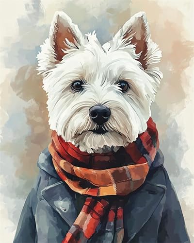 Tier Hund Malen Nach Zahlen Für Erwachsene Anfänger,West Highland White Terrier trägt Kleidung,Malen Nach Zahlen Kits DIY Acrylmalerei Für Erwachsene Kinde Kunsthandwerk,40x50cm ohne Rahmen von YarnAdventures