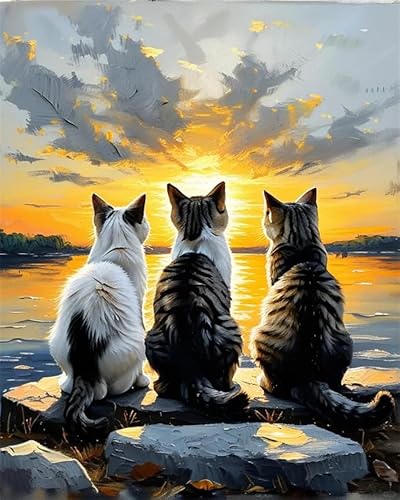 YarnAdventures Malen Nach Zahlen Erwachsene,Drei Katzen am See,Paint by Numbers DIY Acrylpigment ölgemäLde Kit für Art Home Decor,40x50cm Ohne Rahmen von YarnAdventures