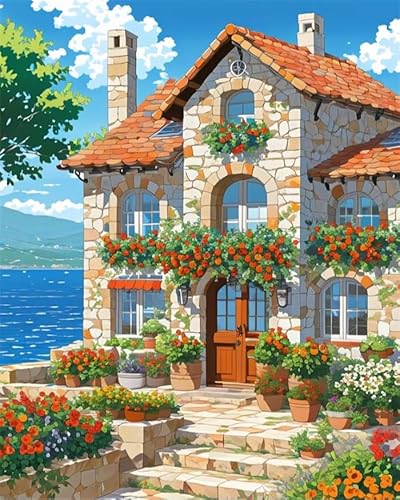 YarnAdventures Malen Nach Zahlen Für Erwachsene Anfänger,Seaside Flower Villa,Malen Nach Zahlen Kits DIY Acrylmalerei Für Erwachsene Kinde Kunsthandwerk,40x50cm ohne Rahmen von YarnAdventures